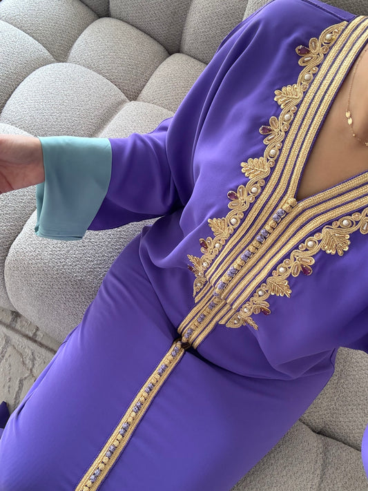 Caftan Naila Violet manche Turquoise